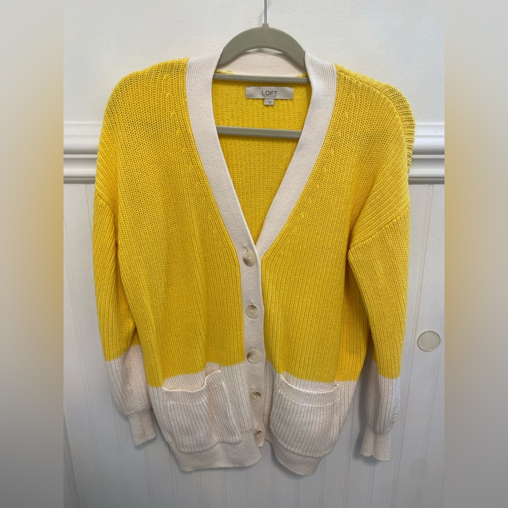 LOFT Yellow and Cream Button-Up Cardigan